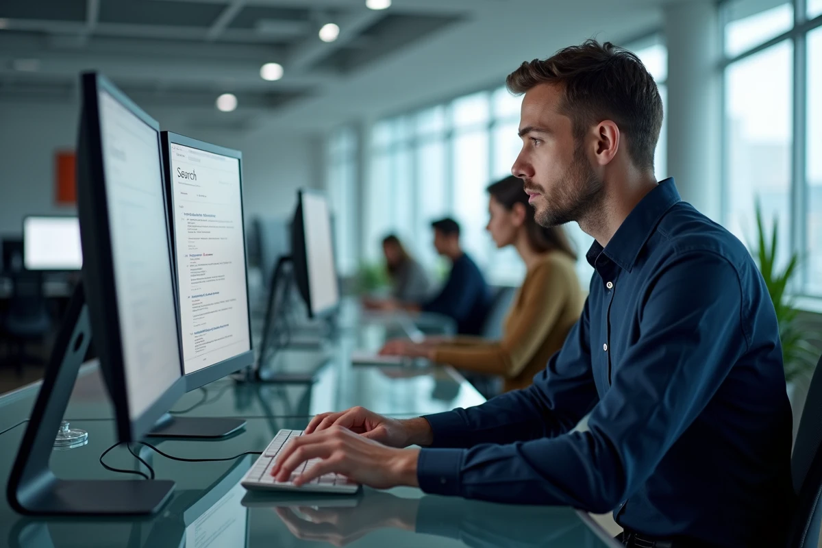Homme en entreprise analysant des erreurs de requête sur un logiciel de recherche type Dfendr