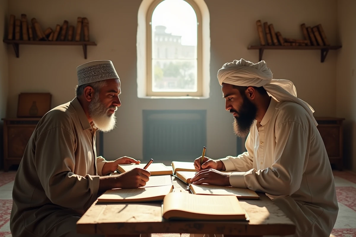 Deux érudits musulmans d'origines différentes discutant des avis juridiques sur la prière du witr et les madhabs autour de livres de fiqh ouverts dans une madrasa