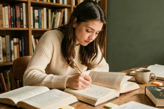 Jeune femme annotant un passage littéraire dans un livre avec un crayon, entourée de notes manuscrites sur un bureau en bois