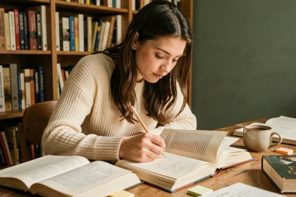 Jeune femme annotant un passage littéraire dans un livre avec un crayon, entourée de notes manuscrites sur un bureau en bois