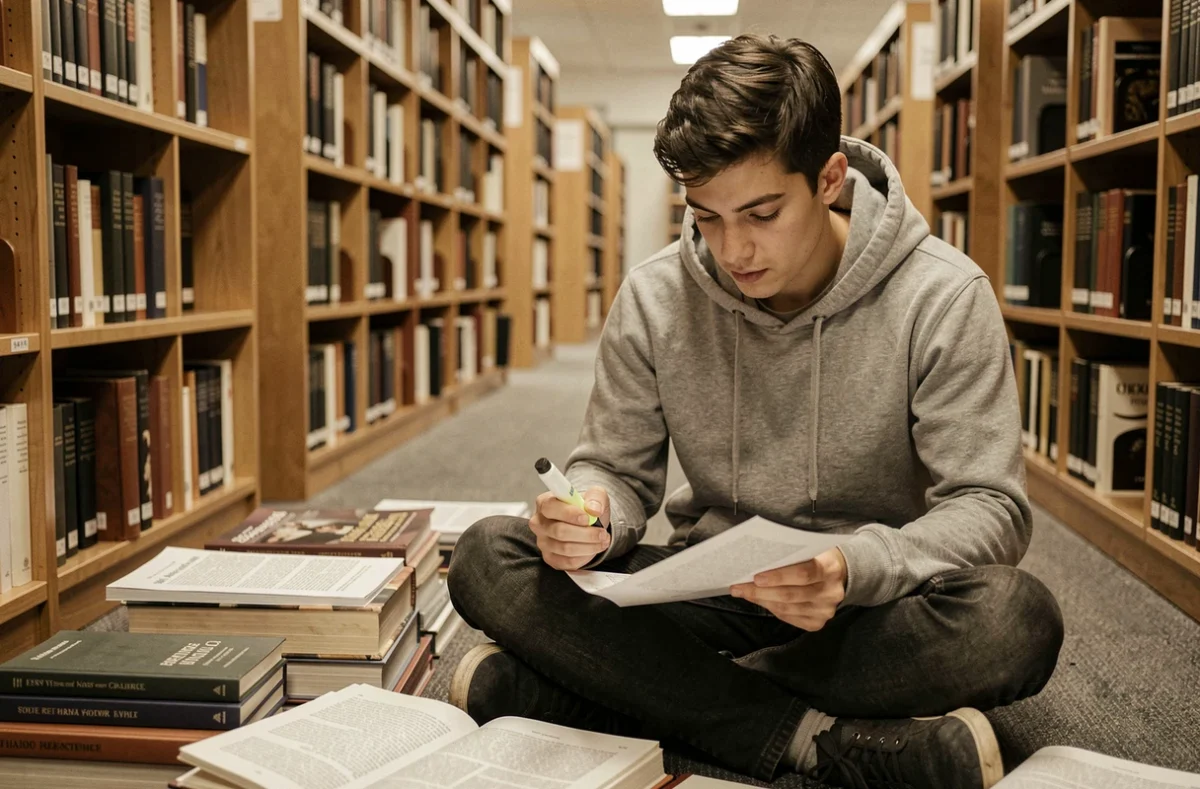 Étudiant en bibliothèque surlignant un extrait littéraire pour rédiger un commentaire de texte structuré
