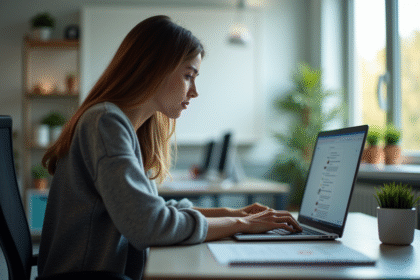 Étudiant en université travaillant sur un ordinateur portable