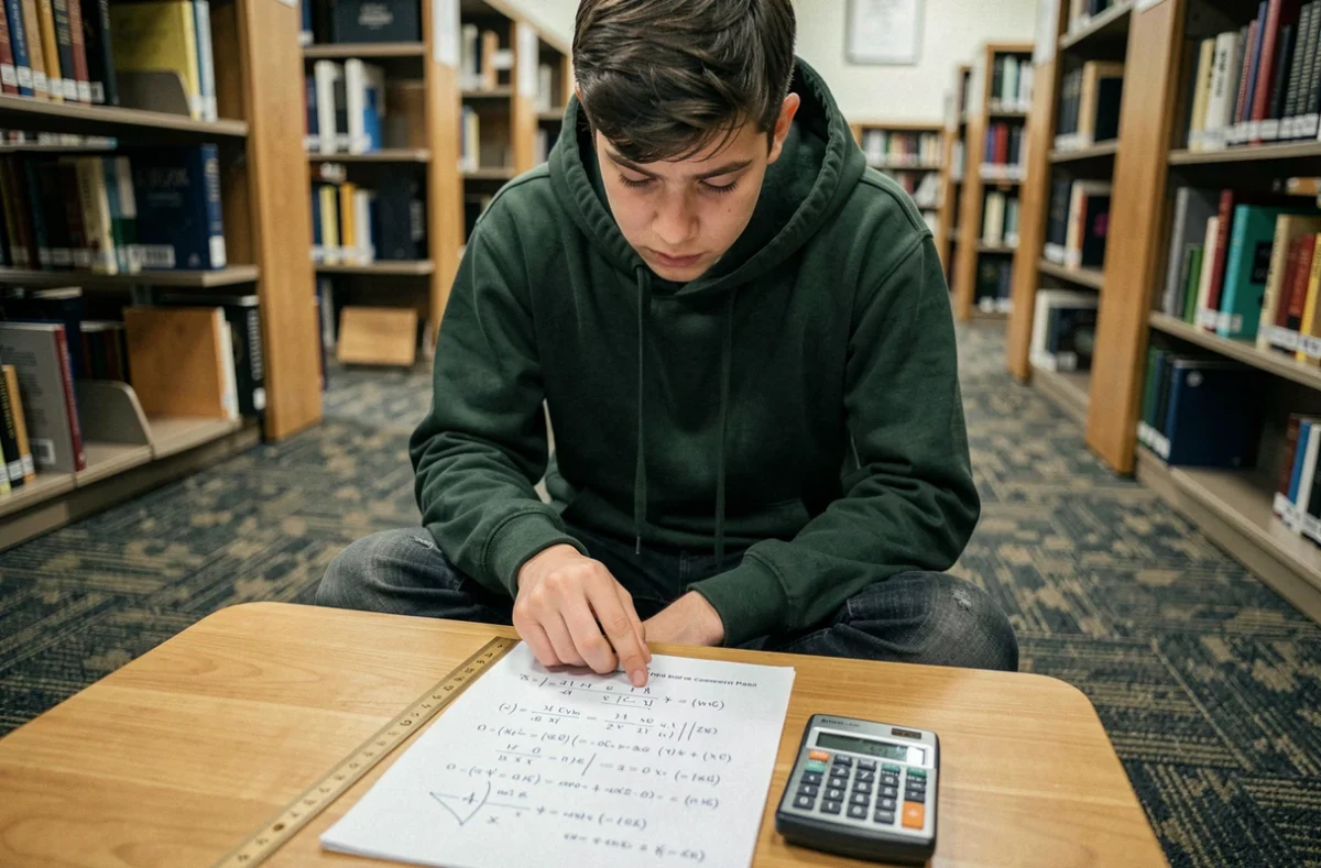 Adolescent travaillant sur une fiche de conversion de degrés en pourcentage dans une bibliothèque publique
