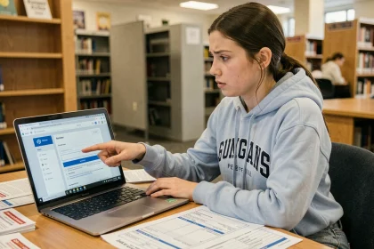 Étudiante remplissant un formulaire Parcoursup avec code postal de Toulouse sur son ordinateur en bibliothèque universitaire