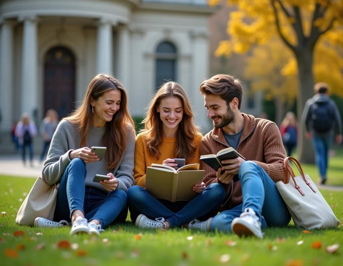 Trois étudiants de la génération Z sur un campus universitaire réagissant à du contenu humoristique sur un smartphone, entre complicité et malaise face à une blague salace