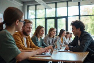 Groupe d'étudiants universitaires collaborant en classe lumineuse