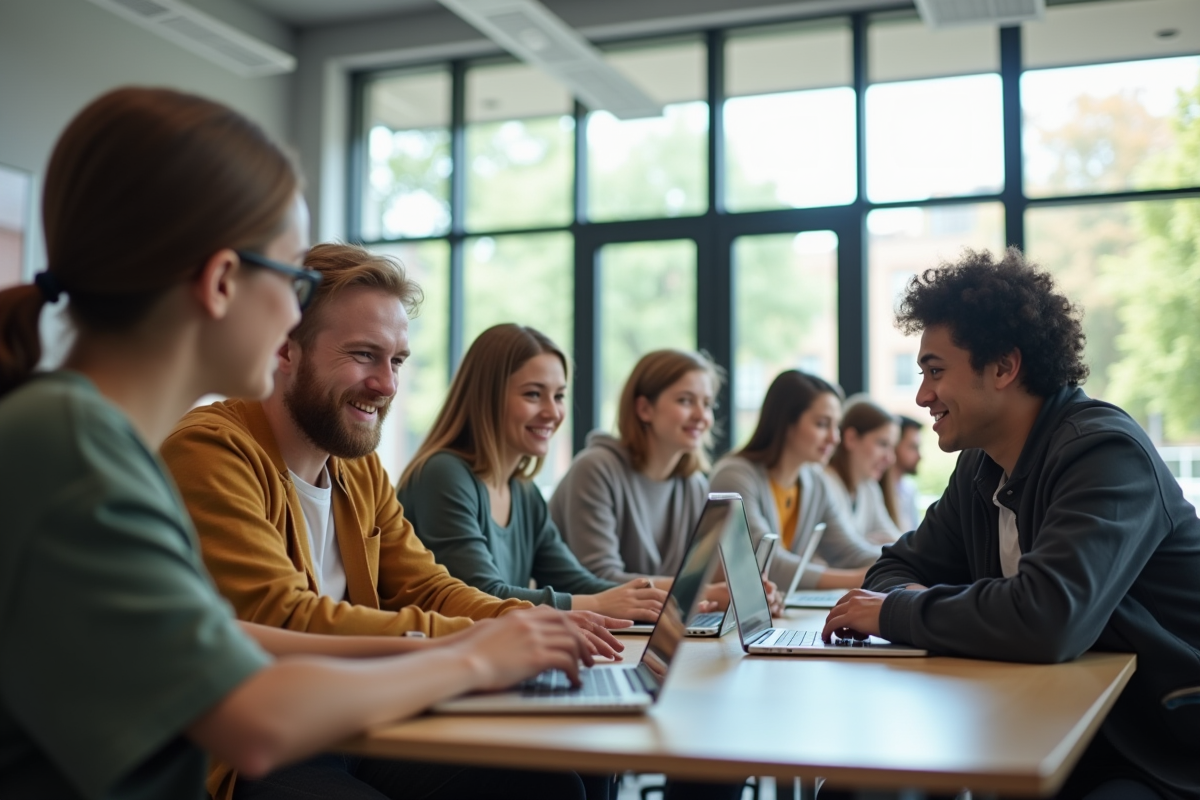Groupe d'étudiants universitaires collaborant en classe lumineuse