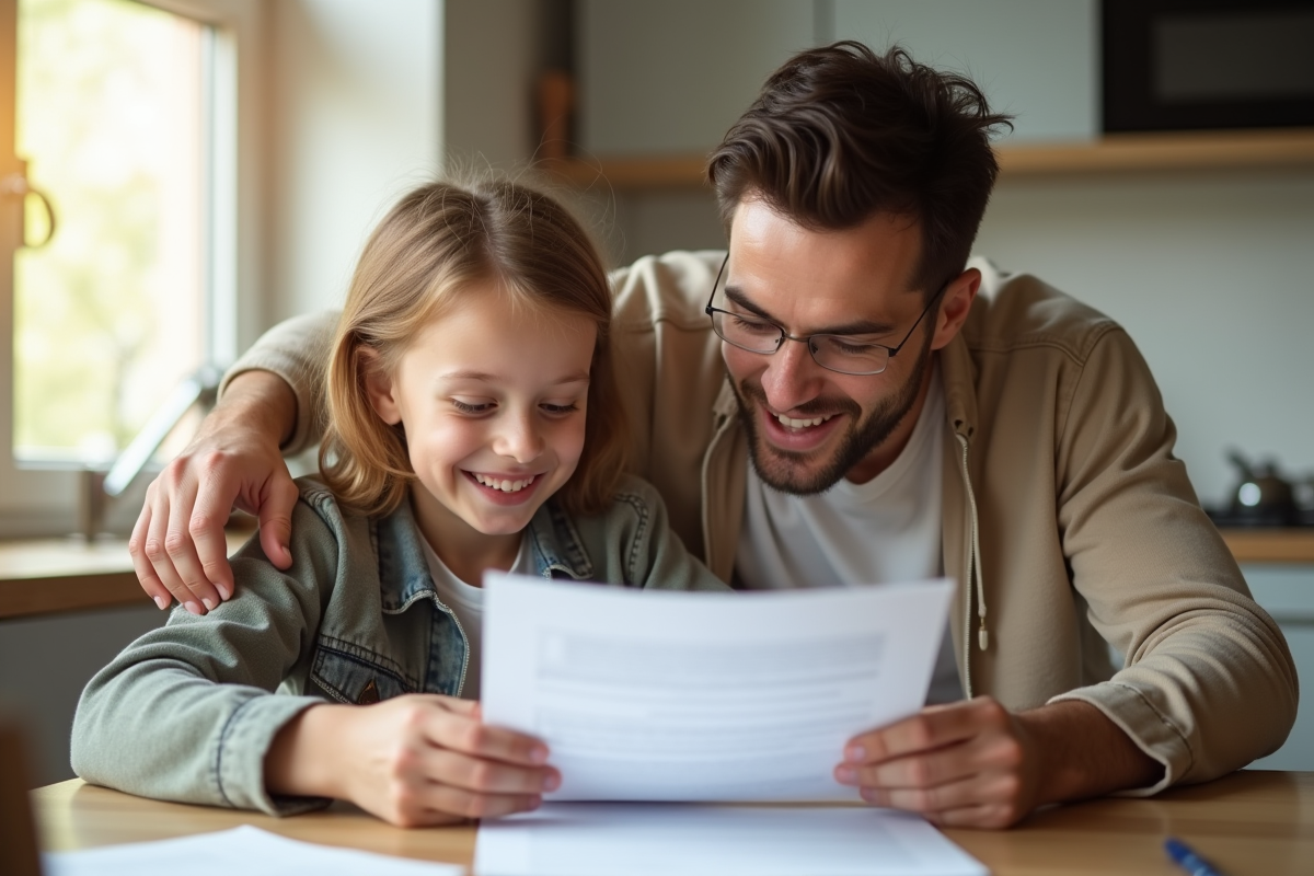 Adulte et enfant examinant des documents dans la cuisine