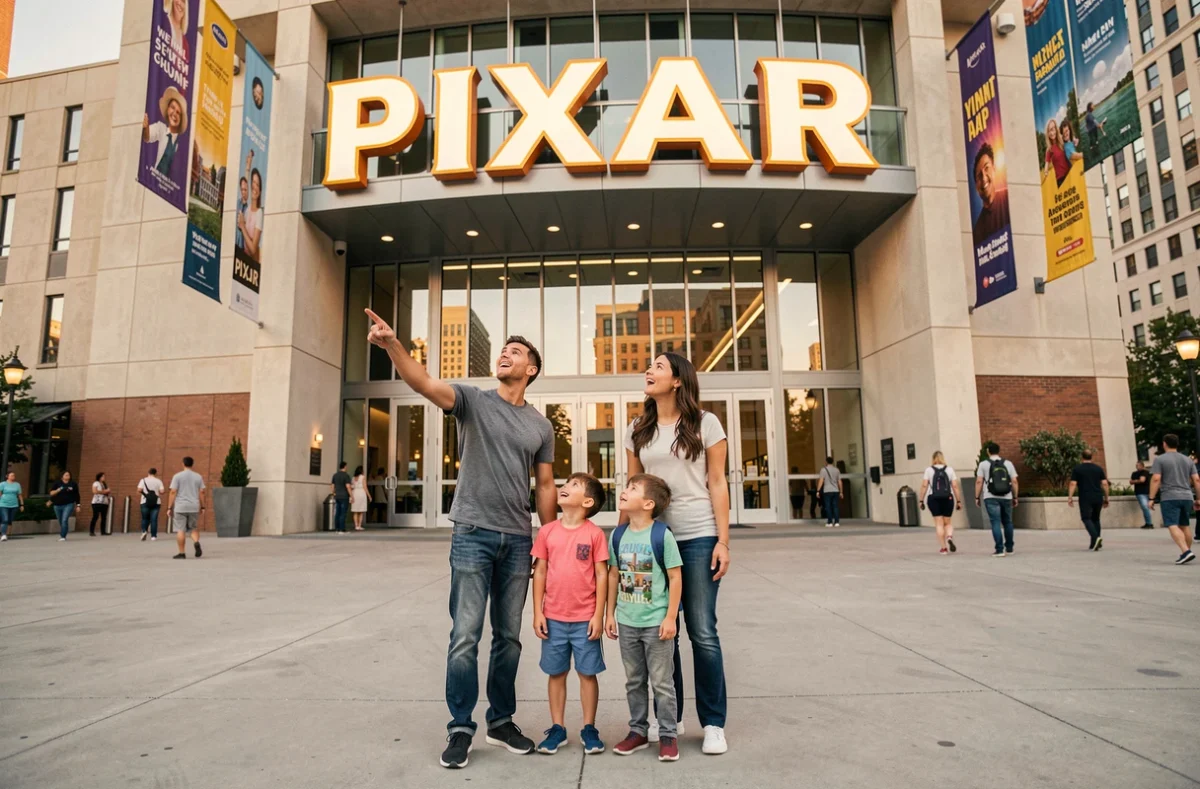 Famille enthousiaste devant l'entrée d'une exposition Pixar dans un grand musée moderne