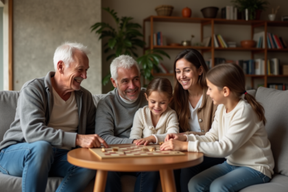 Famille multigenerations française jouant à un jeu de société