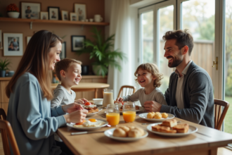 Jeune couple et enfants partageant un petit déjeuner en famille
