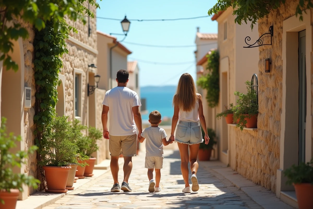 Famille explorant village côtier ensoleille