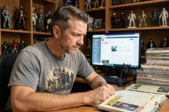 Fan de Star Wars passionné assis à son bureau entouré de figurines et de livres de référence sur la saga
