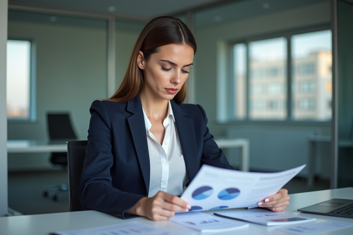 Femme d'affaires examinant des états financiers et graphiques
