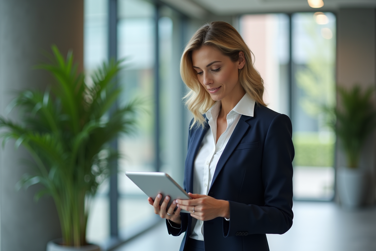 Femme d'affaires avec tablette dans un bureau moderne