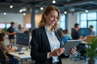 Femme d'affaires concentrée utilisant une tablette dans un bureau moderne