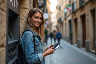 Femme souriante retire de l'argent à un ATM en voyage