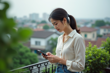 Femme d'âge moyen lisant une application météo sur son téléphone sur un balcon en été