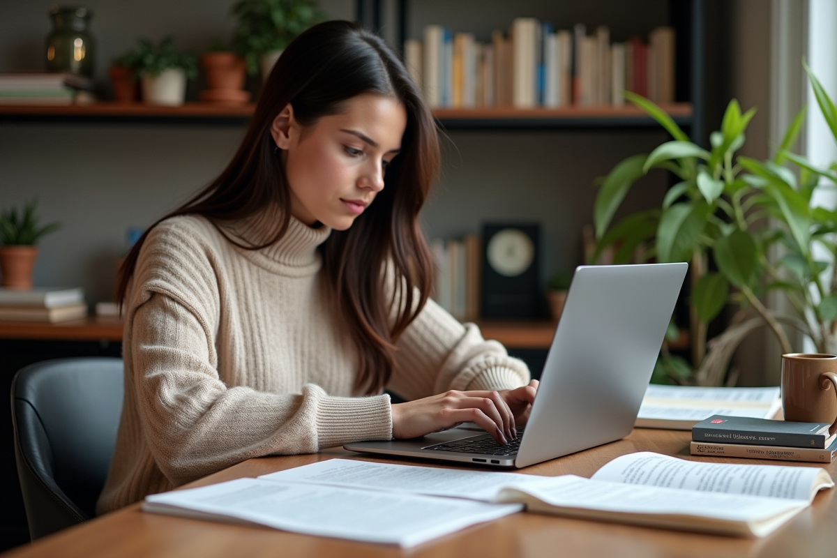 Jeune femme concentrée avec livres et ordinateur dans un bureau cozy
