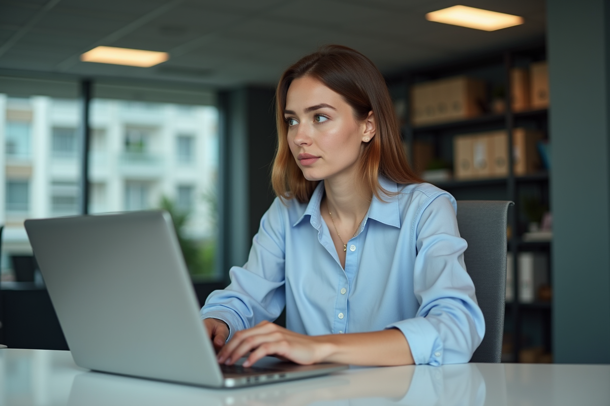 Jeune femme au bureau travaillant sur un ordinateur portable