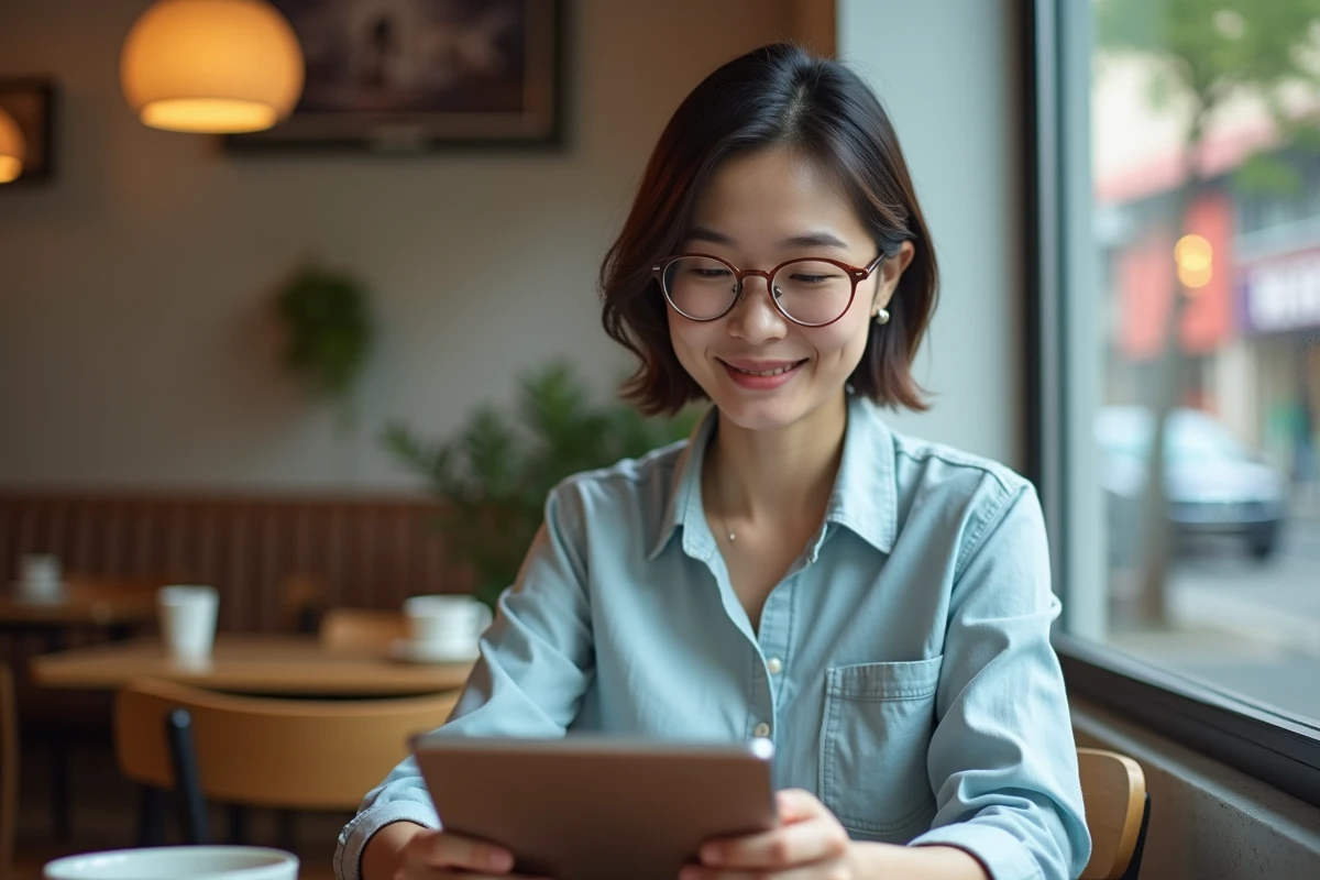 Femme lisant manga sur tablette au cafe