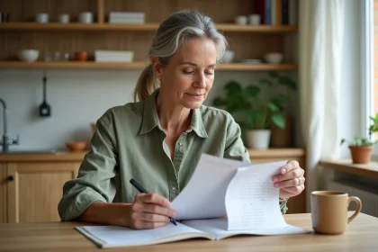 Femme calculant son âge exact en consultant un calendrier imprimé et des notes manuscrites à une table en bois dans une cuisine chaleureuse
