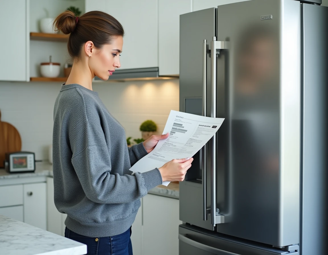 Femme comparant la consommation en watts et ampères d'un réfrigérateur dans une cuisine moderne