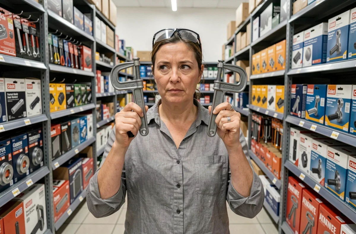 Femme comparant deux serre-joints en G dans un magasin de bricolage professionnel