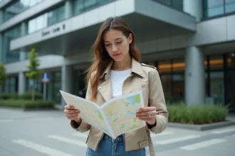 Femme en extérieur consultant une carte devant un bâtiment moderne