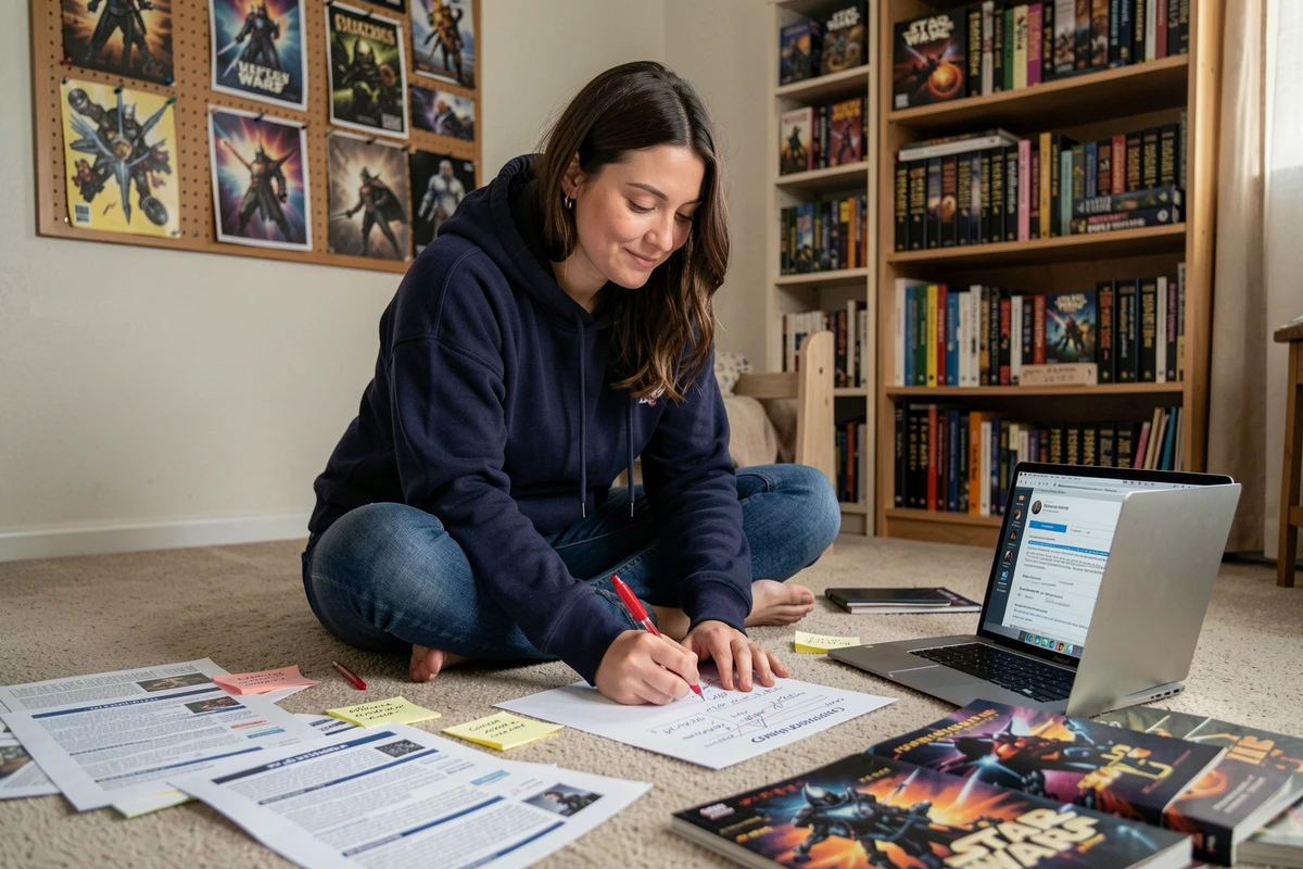 Femme corrigeant des erreurs sur les personnages Star Wars entourée de documents et de romans graphiques