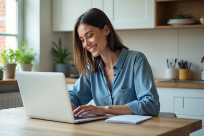 Femme souriante travaillant sur son ordinateur dans la cuisine