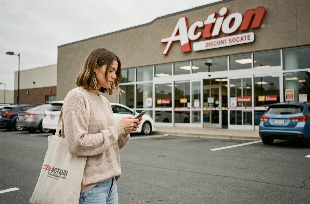 Femme devant un magasin Action le dimanche après-midi vérifiant les horaires d'ouverture sur son téléphone