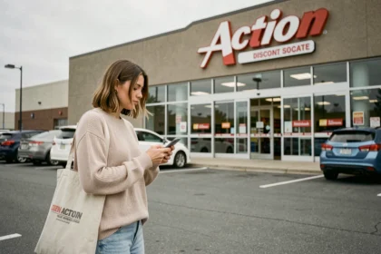 Femme devant un magasin Action le dimanche après-midi vérifiant les horaires d'ouverture sur son téléphone