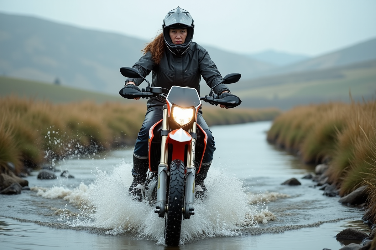 Femme en enduro traversant une rivière en campagne