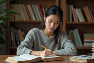Femme étudiant la grammaire française avec des livres de conjugaison ouverts sur un bureau en bois, illustrant l'accord du participe passé
