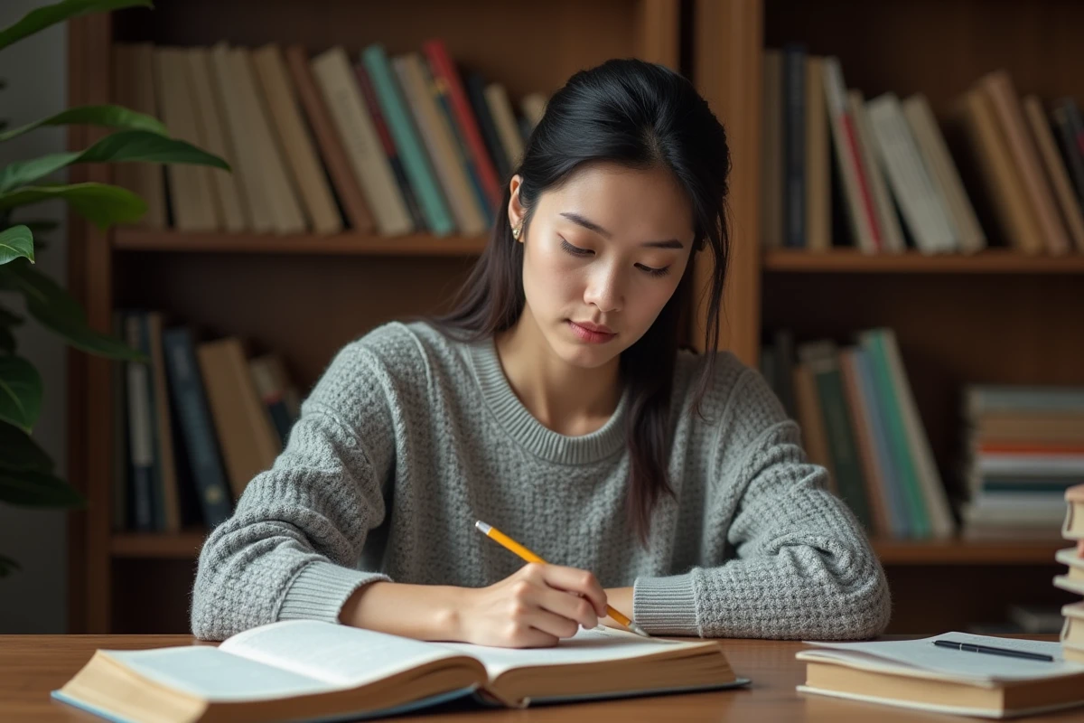 Femme étudiant la grammaire française avec des livres de conjugaison ouverts sur un bureau en bois, illustrant l'accord du participe passé