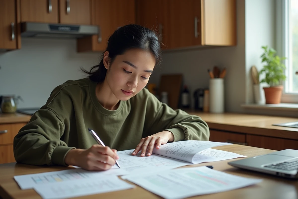 Femme étudiant des feuilles de statistiques de personnage Dromoy sur une table avec des notes manuscrites