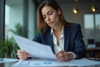 Femme d'affaires examine des documents financiers