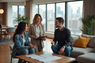 Femme d'affaires discutant avec un couple dans un appartement moderne