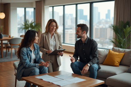Femme d'affaires discutant avec un couple dans un appartement moderne