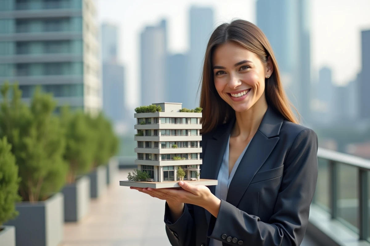 Femme souriante tenant un modèle d