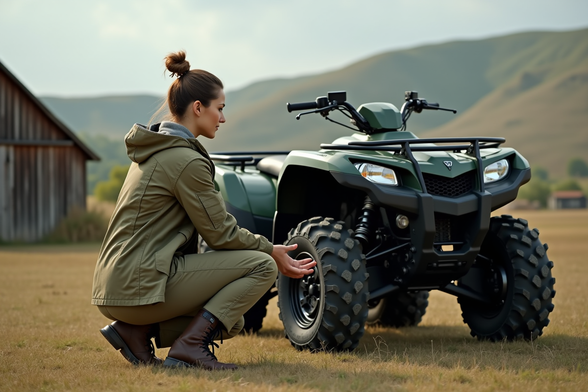 Femme inspectant un quad dans un environnement naturel