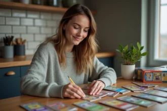 Jeune femme souriante triant cartes Pokémon à la maison