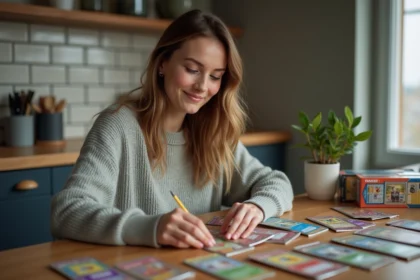 Jeune femme souriante triant cartes Pokémon à la maison