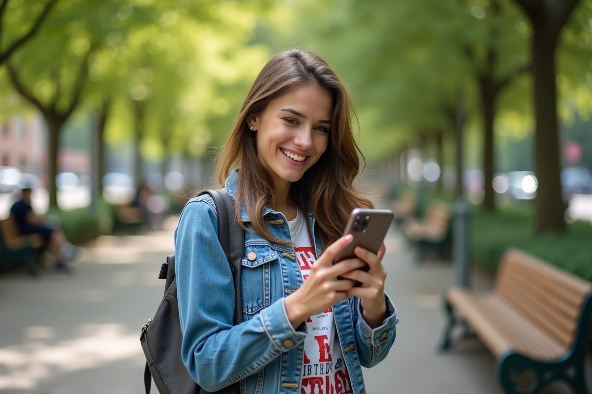 Jeune femme souriante tenant un GIF anniversaire en plein air