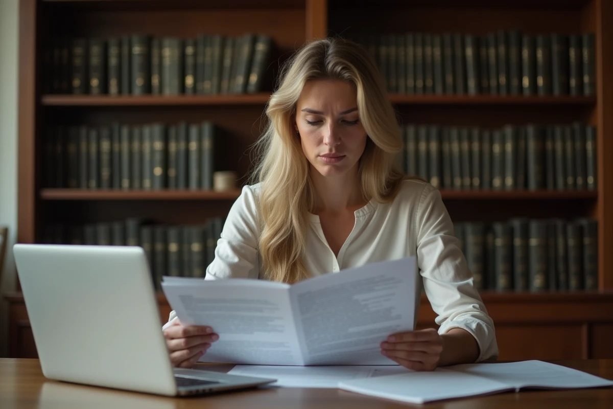 Femme lisant attentivement un document juridique sur l'humour noir et ses limites légales à son bureau