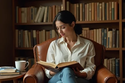 Femme lisant un livre broché dans un fauteuil en cuir au milieu d'une bibliothèque chaleureuse remplie de romans
