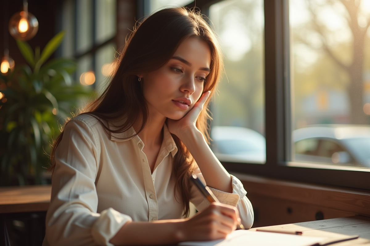 Femme réfléchissant lisant un carnet dans un café lumineux