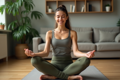 Femme méditant en yoga dans un salon calme
