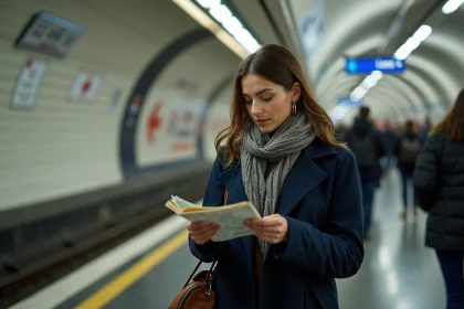 Femme dans le métro parisien en trench et foulard